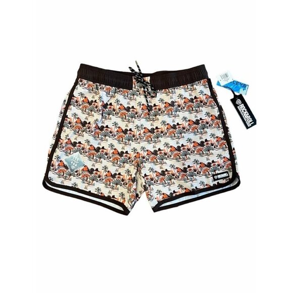 Rock & Roll Denim Men's Conversational Desert Hawaiian Swim Short Trunks Orange/ - Picture 1 of 2